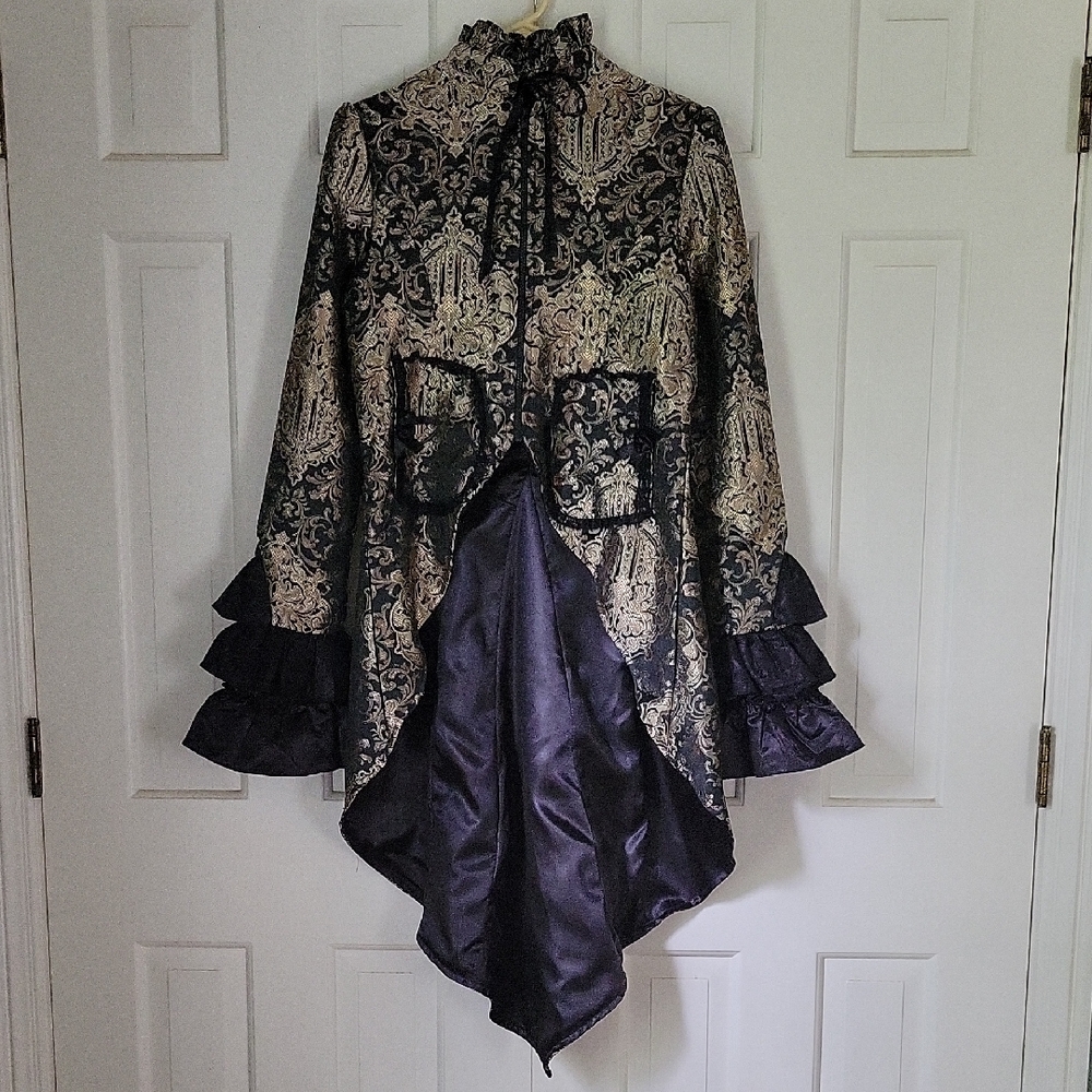 Burlesk Womens Victorian Brocade Ruffled Top Coat Sz S Cosplay Long Tails